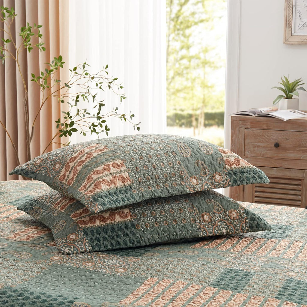LEAONME Quilt Set Full/Queen Floral Paisley Olive Green with 2 Pillow Shams X85767