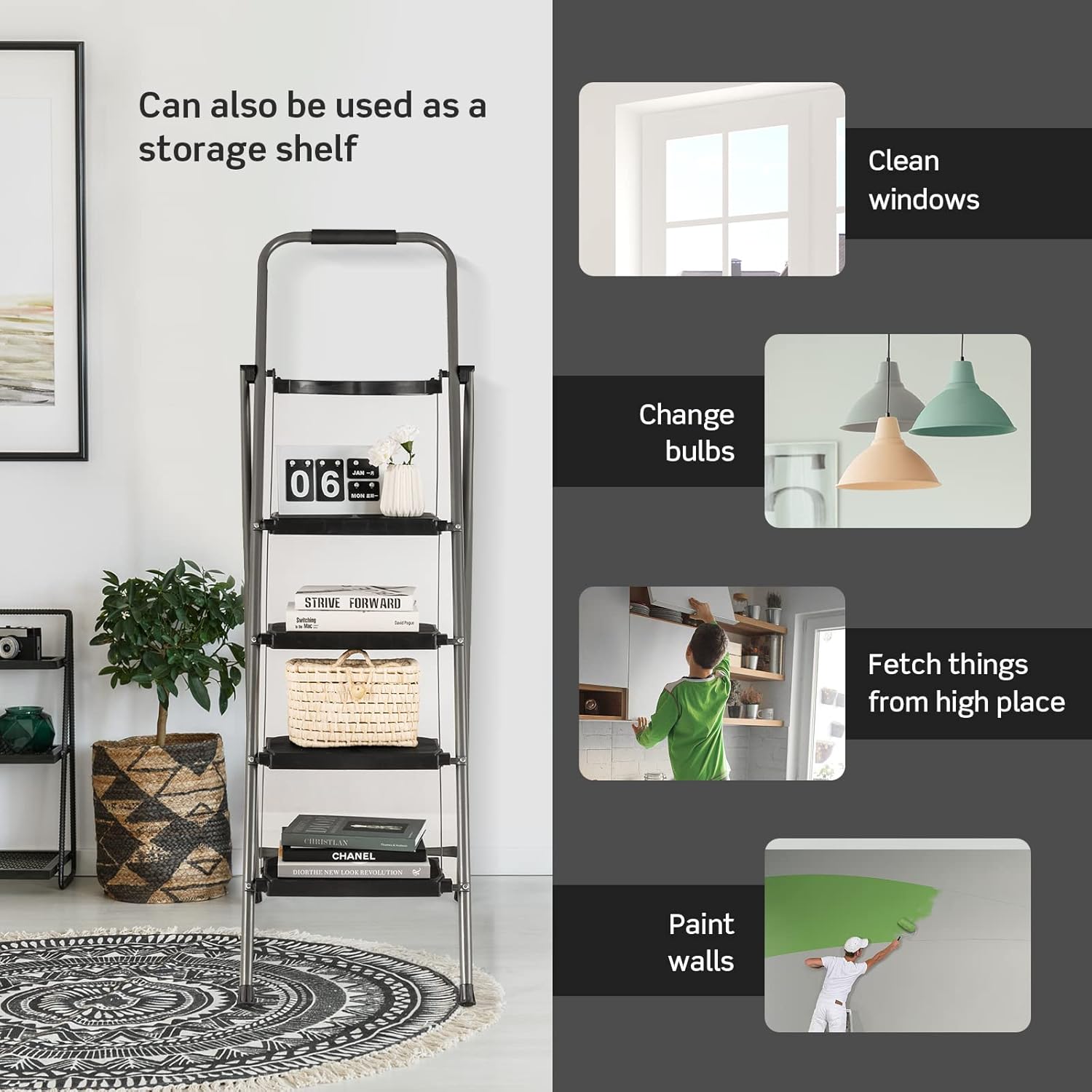 Hysache 4 Step Folding Ladder with Handrail, Black S9688