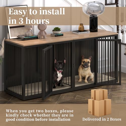 Large Dog Crate Furniture for 2 Dogs, All Steel Frame with Wooden Top (White) M394533