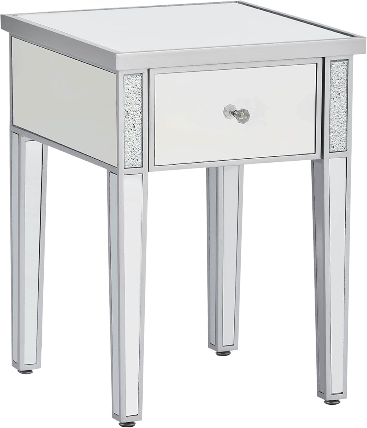 Modern Glass Mirrored End Table with Drawer, Silver V735