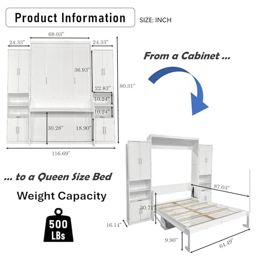 Queen Size Murphy Bed with Desk & Charging Station, White K505073