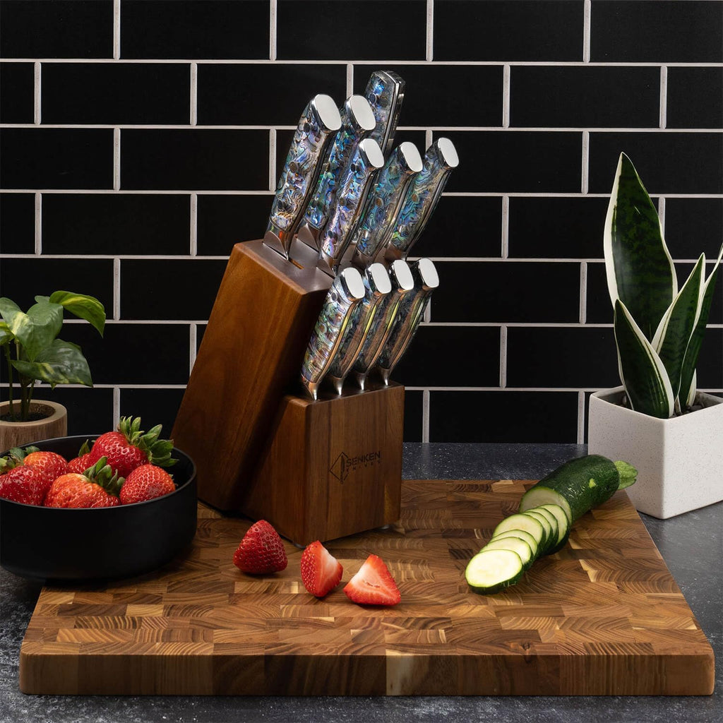 SENKEN 11-Piece Damascus Knife Block Set with Abalone Shell Handle, Japanese VG10 Steel T372