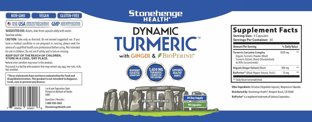 Stonehenge Health Dynamic Turmeric Curcumin with Ginger, 1650 mg, 90 Vegetarian Capsules E350296