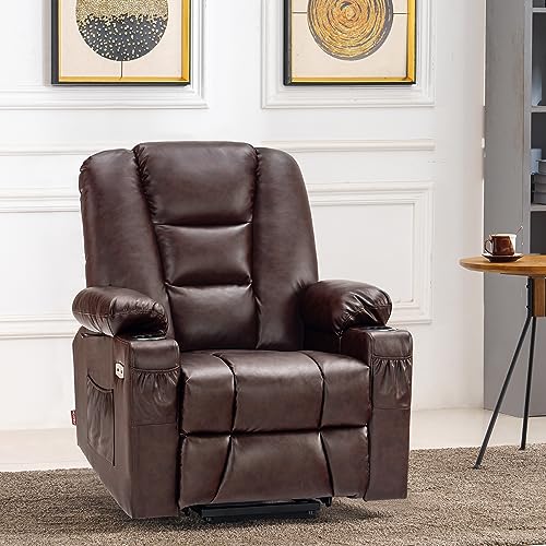 MCombo Small Power Lift Recliner Chair with Massage and Heat, Faux Leather, Dark Brown E441