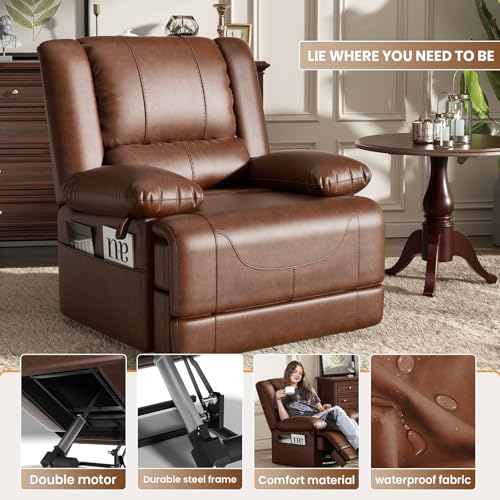 Dual Motor Power Lift Recliner Chair with Massage and Heat for Elderly, Red Brown V492