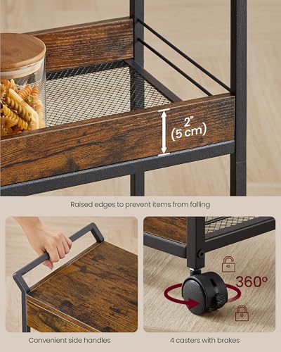 VASAGLE 4-Tier Rolling Utility Cart with Table Top, Lockable Casters, Rustic Brown and Ink Black L57262