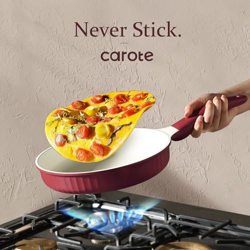 CAROTE 12pcs Pots and Pans Set Non Stick Granite Cookware, Dark Red A382831