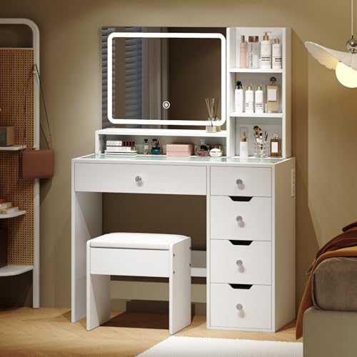 White Vanity Desk with Mirror and LED Lights, 5 Drawers, Stool V4838