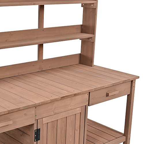 Outdoor Wooden Potting Bench Table with Drawers and Storage Shelves C672480