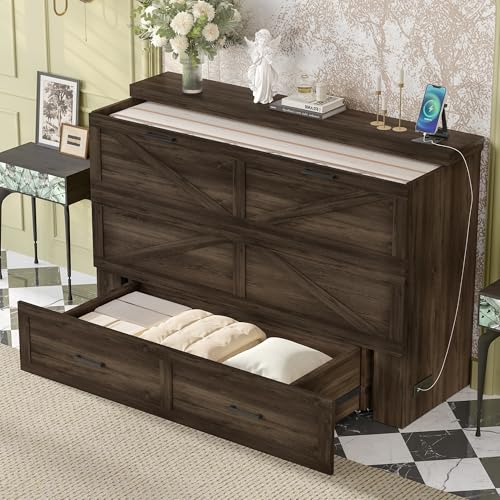 Murphy Cabinet Bed Frame with Charging Station, Full-Size Foldable Wall Bed Z526