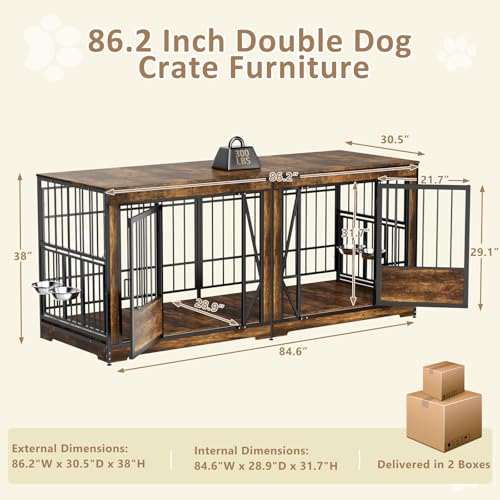86 in Double Dog Crate Furniture with Divider, Heavy Duty Wooden Kennel for Large Dogs, Brown P52672
