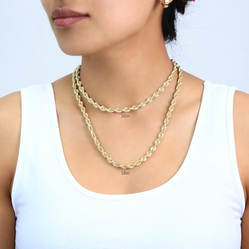 Nuragold 10K Yellow Gold Solid Rope Diamond Cut Chain Necklace I800