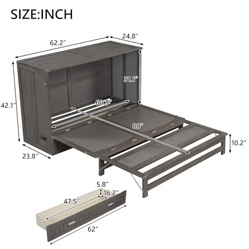 Ball & Cast Murphy Bed Queen Size Wall Chest with Charging Station and Storage Drawer, Gray J8503
