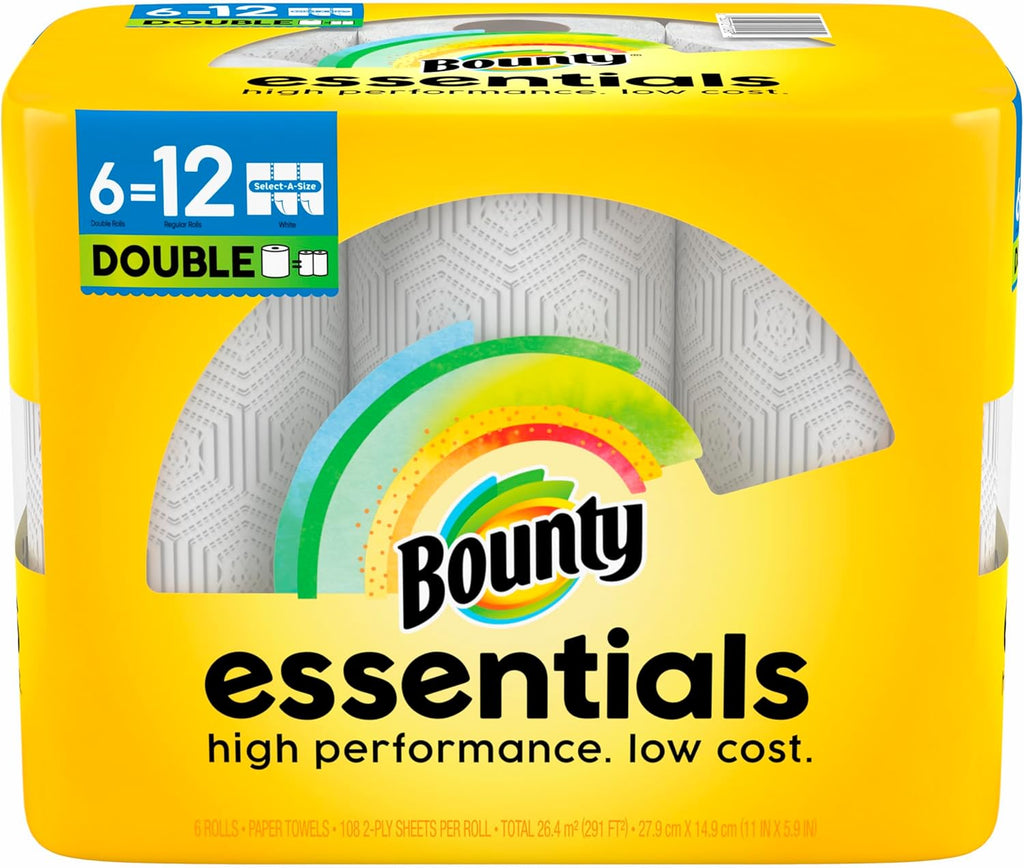 Bounty Essentials Select-A-Size Paper Towels, 6 Double Rolls, White, 108 Sheets Per Roll