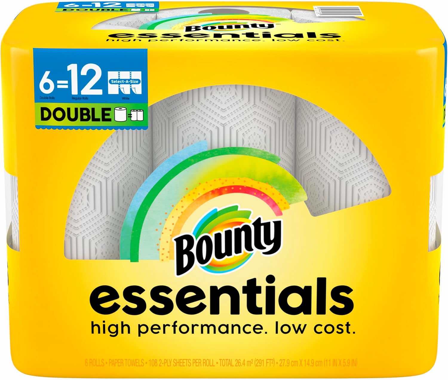 Bounty Essentials Select-A-Size Paper Towels, 6 Double Rolls, White, 108 Sheets Per Roll