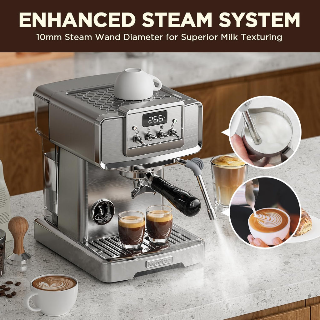Neretva Espresso Machine, 15 Bar LCD Display, Stainless Steel with Milk Frother L295313