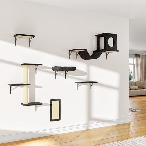 NUNU LAB Wall Mounted Cat Furniture, 7 Pcs Cat Wall Shelves with House, Gray T582052