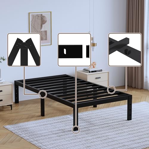 Full Metal Bed Frame 14 Inch Tall Heavy Duty Black Steel Slats Platform J736200