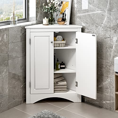 Corner Storage Cabinet, Wood Triangle Bathroom Cabinet with Adjustable Shelves, Grey G100663