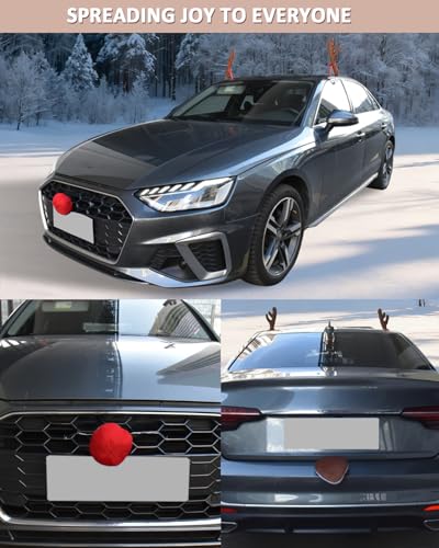 Reindeer Antlers for Cars with Red Nose, Jingle Bells & Tail - Christmas Car Decorations for SUV Truck J432