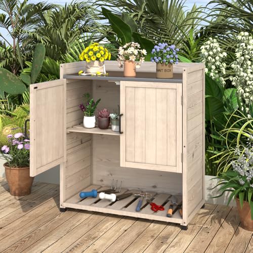 AECOJOY Outdoor Storage Cabinet Potting Bench Table with Adjustable Shelf, Grey N11766