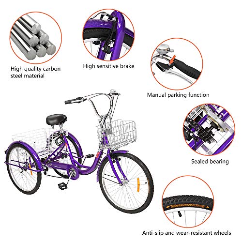 PEXMOR Adult Tricycle 7 Speed, 24/26 Inch 3 Wheel Bike with Baskets D492