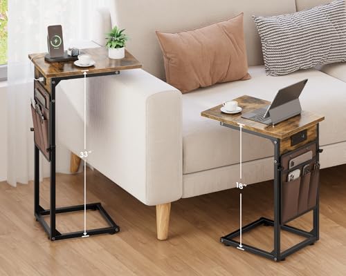 Vagusicc C Shaped End Table with Charging Station, Adjustable Height, Brown C747005
