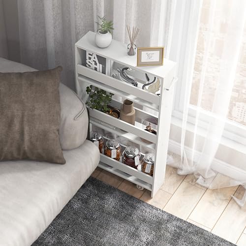 Slim 4-Tier Rolling Storage Cart on Wheels, Wood Shelving Unit with Handle, White H76328