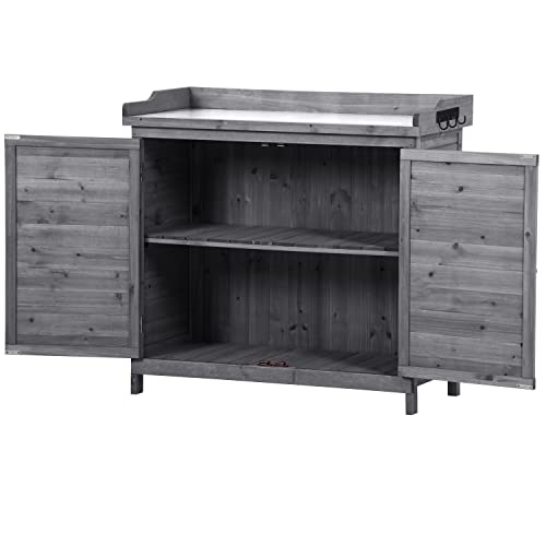 Polibi 39" Potting Bench Table, Outdoor Wooden Workstation with Storage Cabinet A50563