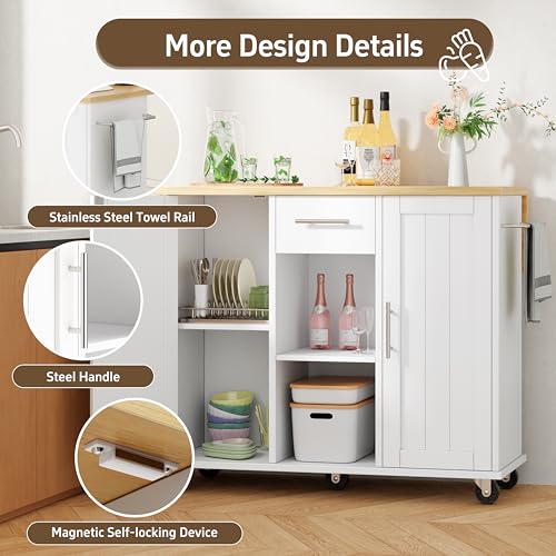 Shintenchi Kitchen Island with Drop Leaf, Rolling Cart with Storage, White T972