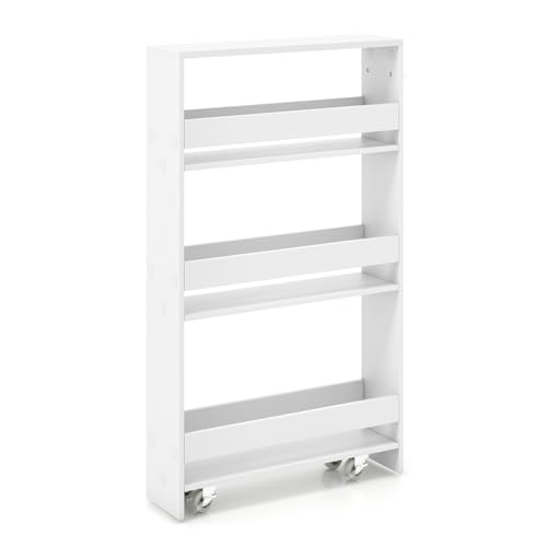 Slim 4-Tier Rolling Storage Cart on Wheels, Wood Shelving Unit with Handle, White H76328