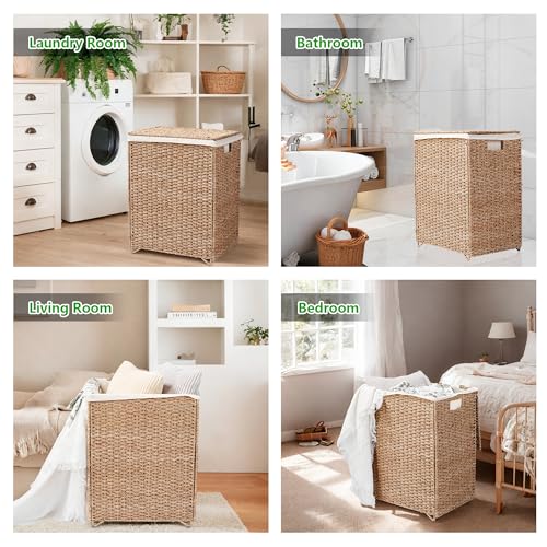 PrimeZone 90L Laundry Hamper with Lid, Foldable Natural Seagrass Basket with Removable Liner P139719