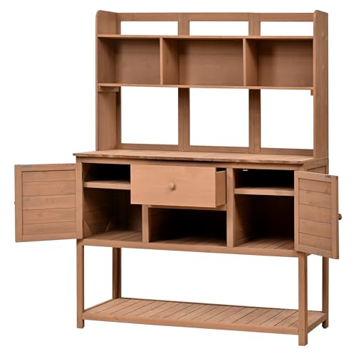 Outdoor Wooden Potting Bench Table with Drawers and Storage Shelves C672480