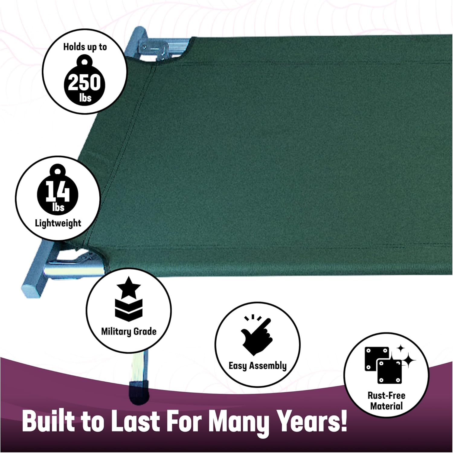Kemp USA Green Military-Style Camping Bed, Lightweight Aluminum Cot for Adults, Foldable, Holds 250 LBS M118251