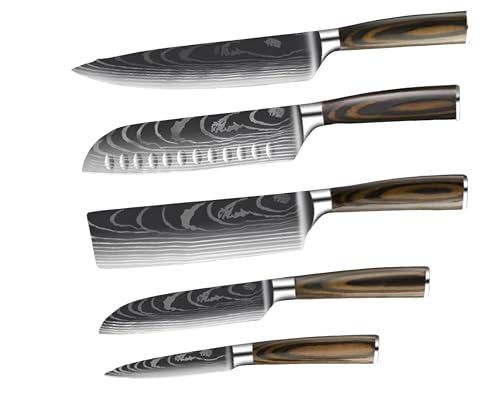 Damascus Kitchen Knives Set of 5 - Damascus Kitchen Knives Chef quality Knives Damascus Steel Knife Fixed Blade Knife Chef Knife