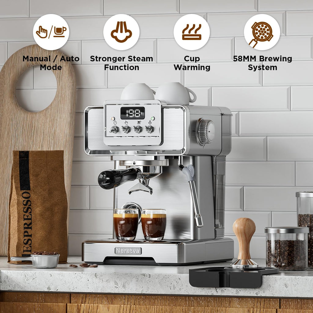 Neretva Espresso Machine, 15 Bar LCD Display, Stainless Steel with Milk Frother L295313