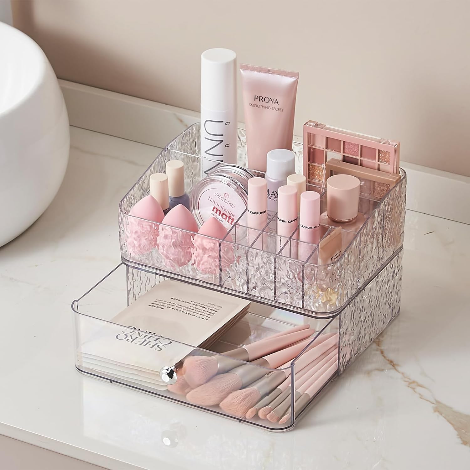 SUNFICON Makeup Organizer Stackable Cosmetic Tray Set with Drawer Storage N490