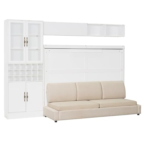 MERITLINE Queen Murphy Bed with Couch and Storage Shelves, LED Light, White J578