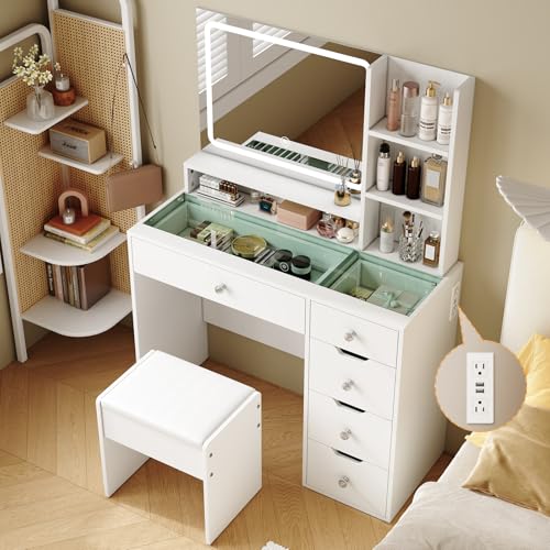 Vanity Desk with Mirror and LED Lights, 35.4" Wide White Vanity Glass Top,Makeup Vanity with 5 Drawers,Stool, Charging Station, 3 Lighting Modes for Women Bedroom