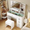 Vanity Desk with Mirror and LED Lights, 35.4" Wide White Vanity Glass Top,Makeup Vanity with 5 Drawers,Stool, Charging Station, 3 Lighting Modes for Women Bedroom