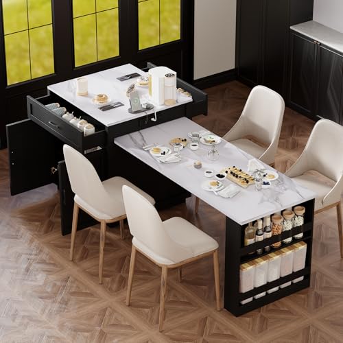 Merax 82.7" Kitchen Island with Extendable Dining Table, Storage & Charging Station, White Oak K8597