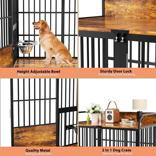 86 in Double Dog Crate Furniture with Divider, Heavy Duty Wooden Kennel for Large Dogs, Brown P52672