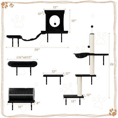 NUNU LAB Wall Mounted Cat Furniture, 7 Pcs Cat Wall Shelves with House, Gray T582052