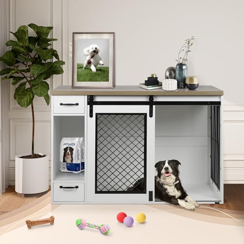 Extra Large Dog Crate Furniture 85" Sliding Door Double Kennel for 2 Large Dogs, White N35378