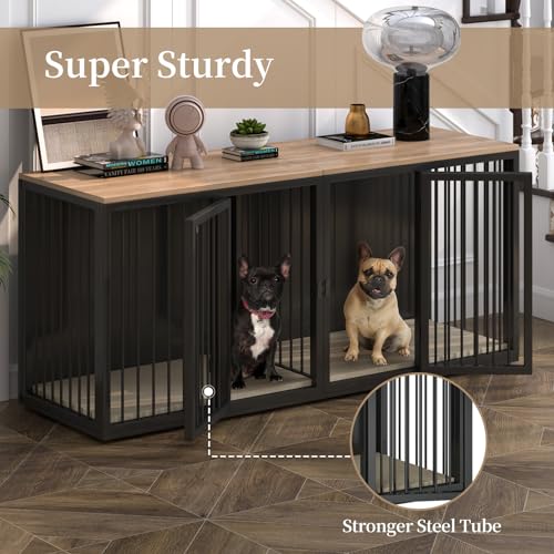 Large Dog Crate Furniture for 2 Dogs, All Steel Frame with Wooden Top (White) M394533