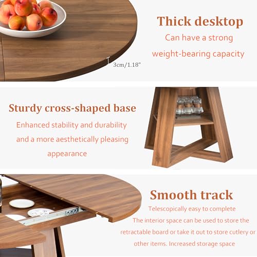 Extendable Round Dining Table for 4-8 with Removable Leaves, Wood Base, Walnut V742