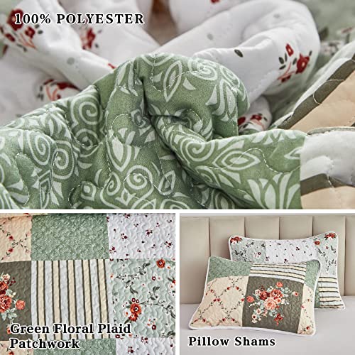 Patchwork Quilt Set Full/Queen, 3 Pieces Green Floral Plaid Microfiber Bedspread P67042