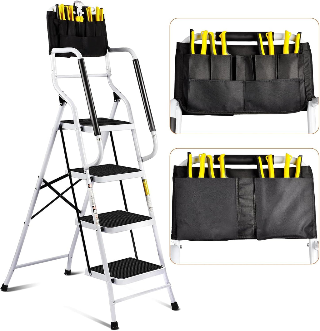4 Step Ladder with Handrails and Tool Bag, 300 lb Capacity, White Q690818