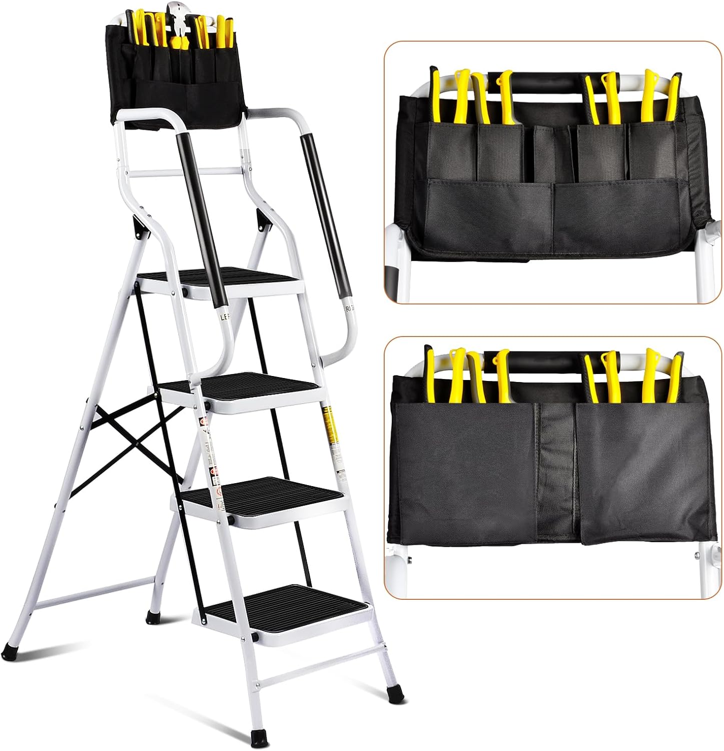 4 Step Ladder with Handrails and Tool Bag, 300 lb Capacity, White Q690818