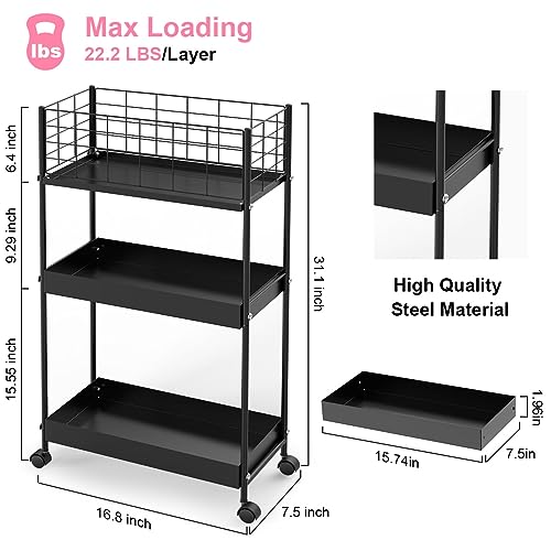 3 Tier Rolling Utility Cart for Kitchen Bathroom Office, Black Y802